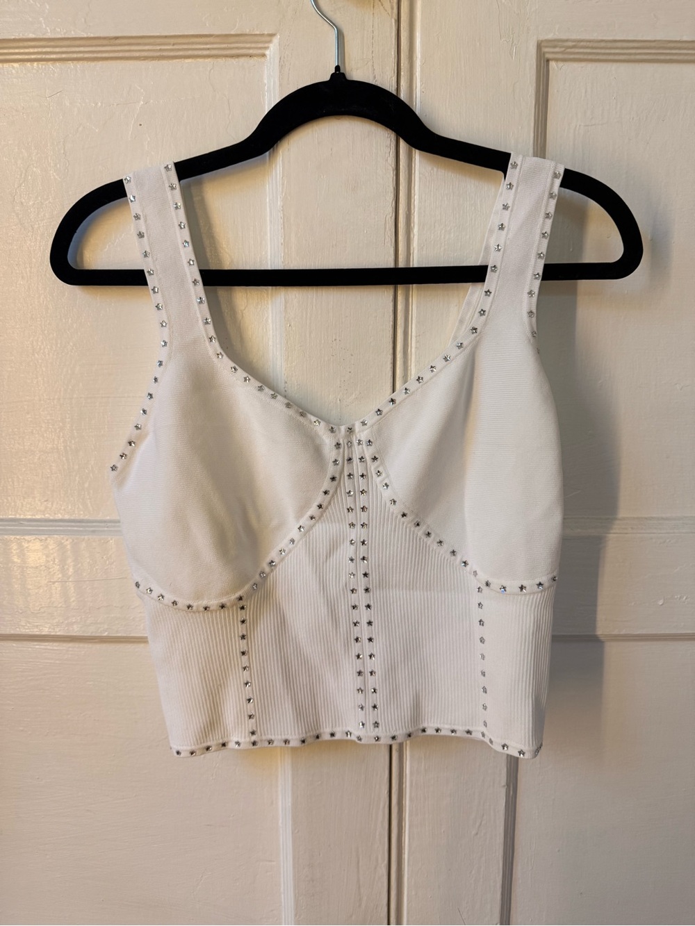 SANDRO WHITE RIBBED STAR CROP TANK TOP - Women